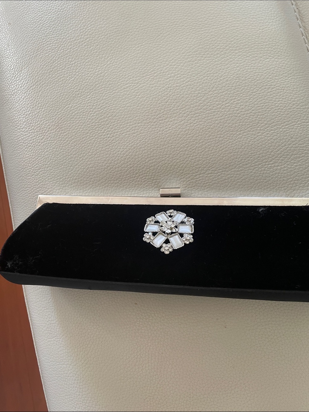 Evening velvet bag. Elegant White Crystal Flower Brooch adorns this classic